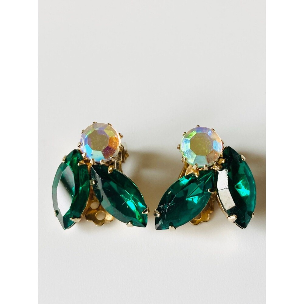 Vintage green and Aurora borealis clip on Earrings